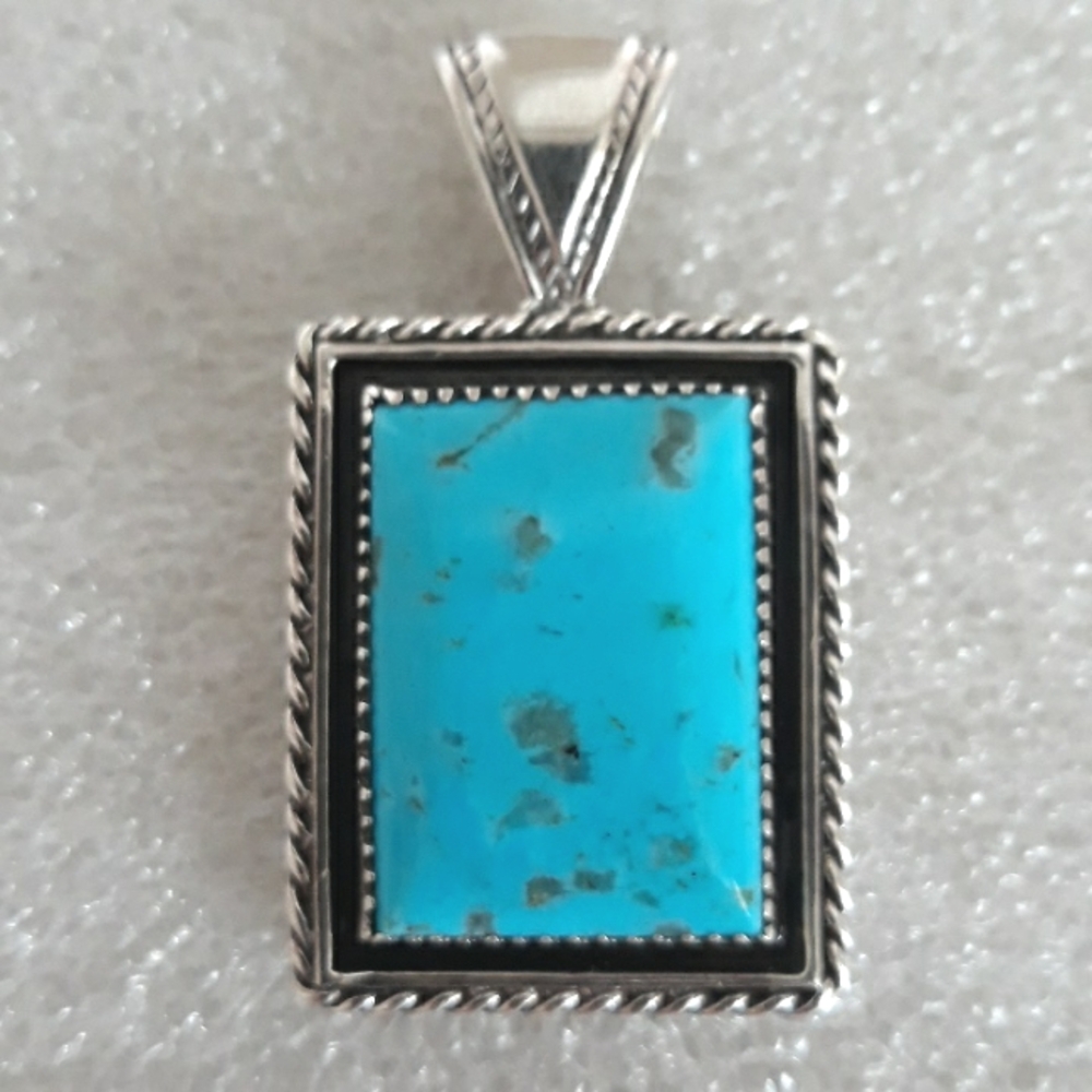 Large Genuine Turquoise & Sterling Silver Pendant Rope Detail Wide Bail Opening
